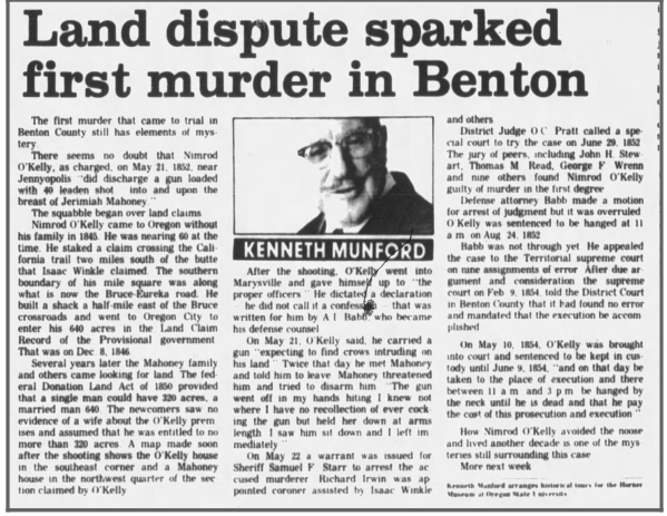Clipping from Corvallis Gazette-Times Nimrod O'Kelly